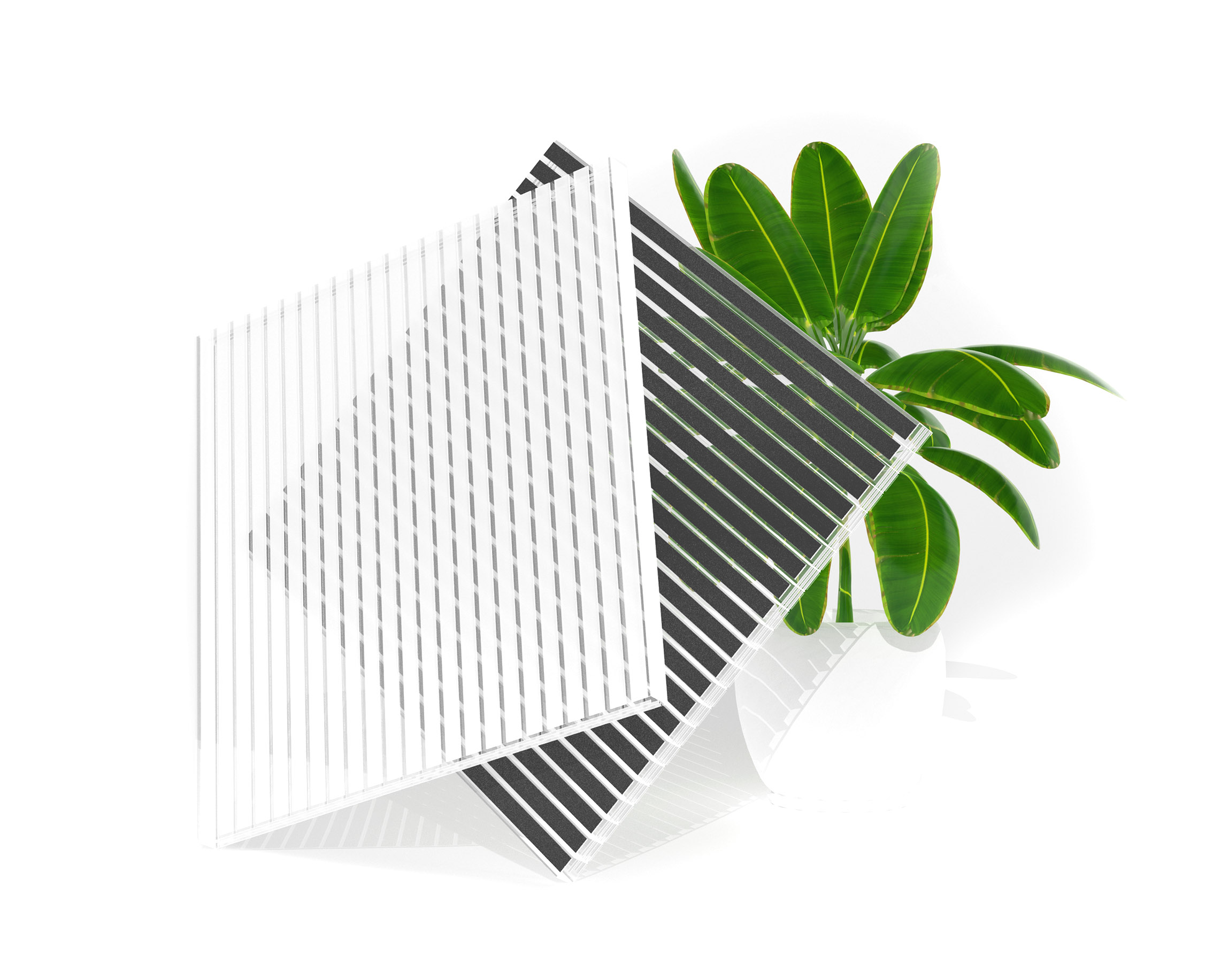 Zebraplatte_Produktbild_Muster_vor_Pfllanze Zebraplatte eine Hohlkammerplatte mit Streifen in weiß grau und anthrazit aus Polycarbonat